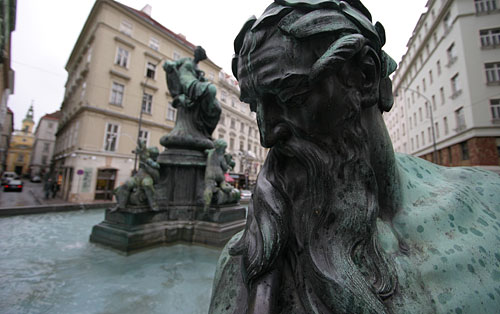 The Baroque fountain Donnerbrunnen at Neuer Markt Square in Central Vienna
