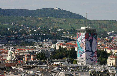 View from Stephansdom Cathedral to Mount Leopoldsberg & the Ringturm Tower